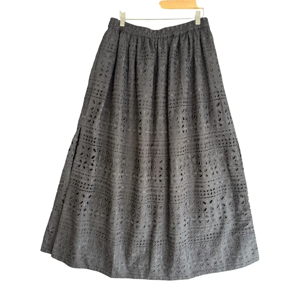 J Crew Eyelet Maxi Skirt Womens M Black Cotton Blend Elastic Waist Cottagecore